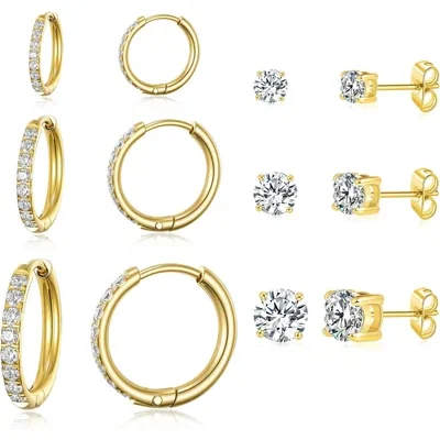 Huggie Hoop Set, Three Pairs by Gemsme, Gold (hoops 8/10/12mm studs 3/4/5mm)