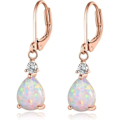 Oval Created Opal Drop Earrings by Gemsme, 7*9mm · Created Opal+CZ Rose Gold Plated