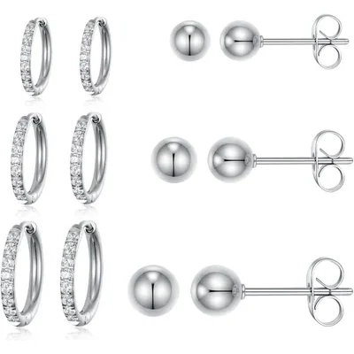 Huggie and Stud Set, Six Pairs by Gemsme, White (studs 3/4/5mm hoops 12/14/16)