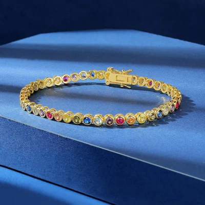 3mm Bezel Rainbow Tennis Bracelet by Gemsme, Gold Plated