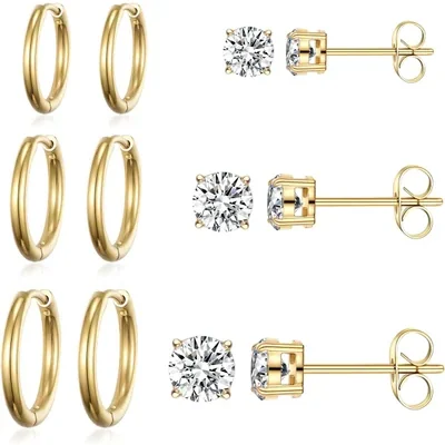 Huggie and Stud Set, Six Pairs by Gemsme, Gold (hoops 12/14/16mm studs 3/4/5mm)