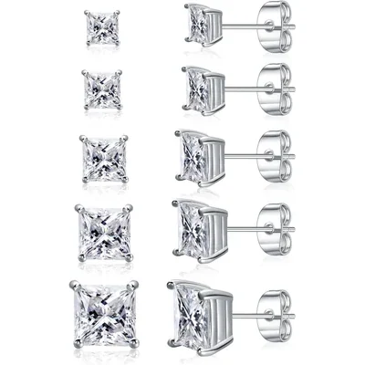 Stud Earring Set, Five and Six Pairs by Gemsme, White Gold · Princess Cut