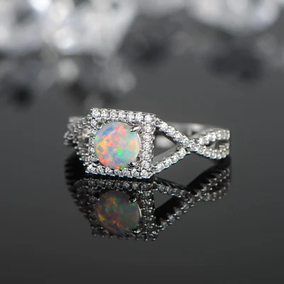 Square Created Opal Halo Ring by Gemsme