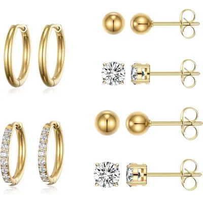 Huggie and Stud Set, Six Pairs by Gemsme, Gold (studs 3/4mm hoops 8/12mm)