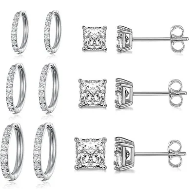 Huggie and Stud Set, Six Pairs by Gemsme, White (hoops 8/10/12mm studs 3/4/5mm)