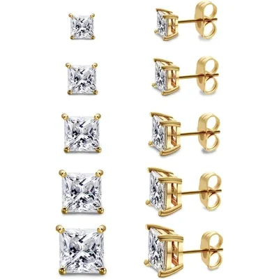 Stud Earring Set, Five and Six Pairs by Gemsme, Gold · Princess Cut
