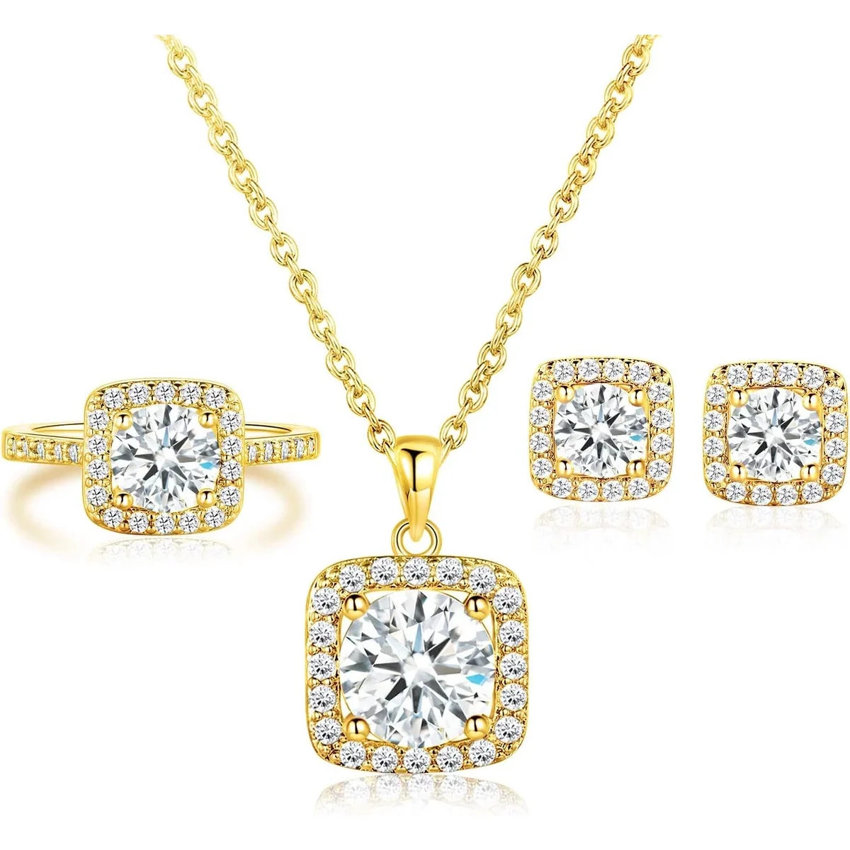 Halo Necklace, Earrings and Ring Set by Gemsme, Gold