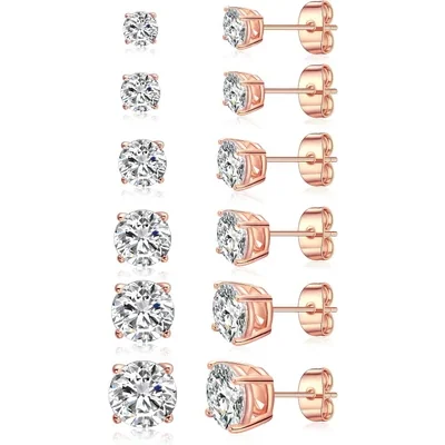 Stud Earring Set, Five and Six Pairs by Gemsme, Rose Gold · Round 4 Prong