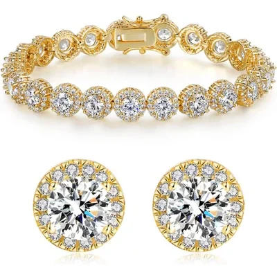 Tennis Bracelet and Stud Set by Gemsme, Yellow Gold