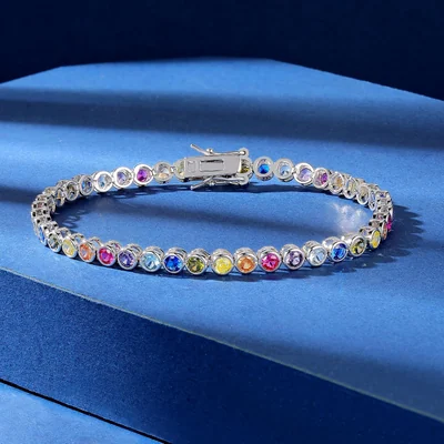 3mm Bezel Rainbow Tennis Bracelet by Gemsme, White Gold Plated