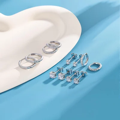 Huggie Hoop Set, Three Pairs by Gemsme, White (hoops 8/10/12mm studs 3/4/5mm)