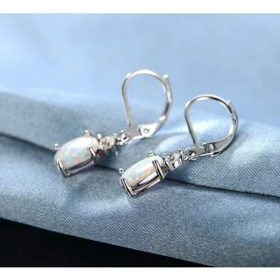Oval Created Opal Drop Earrings by Gemsme, 7*9mm · Oval Created Opal White Gold Plated