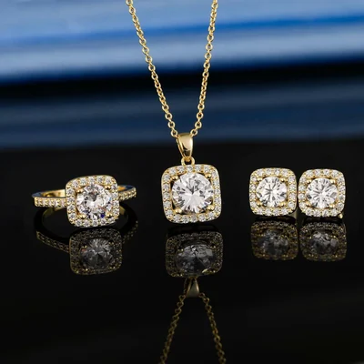 Halo Necklace, Earrings and Ring Set by Gemsme, Gold