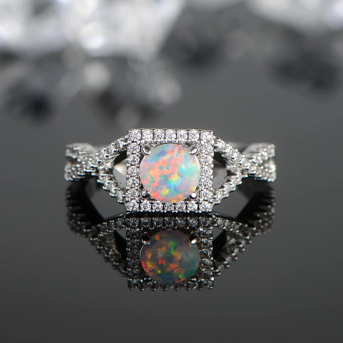 Square Created Opal Halo Ring by Gemsme