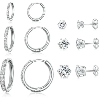 Huggie Hoop Set, Three Pairs by Gemsme, White (studs 3/4/5mm hoops 8/10/12mm)