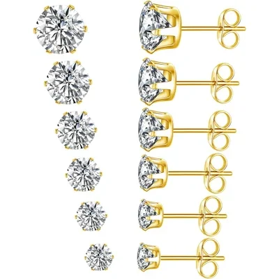 Stainless Steel Stud Set, Six Pairs by Gemsme, Gold