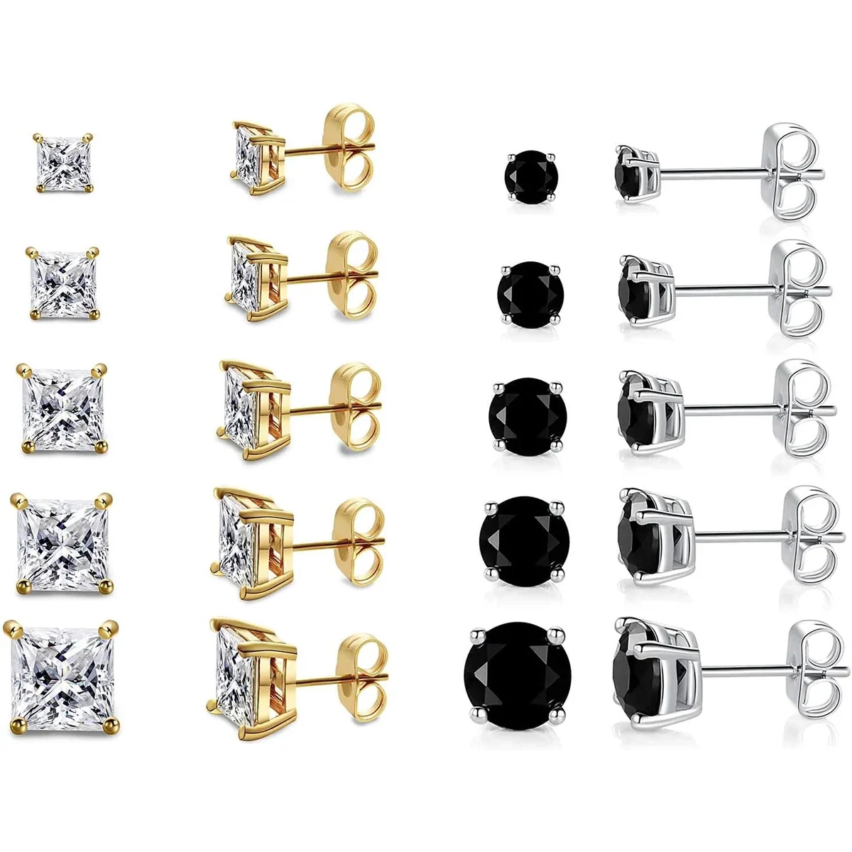 Princess Cut Stud Set, Five Pairs by Gemsme