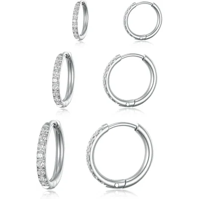 Huggie Hoop Set, Three Pairs by Gemsme, White (8mm/10mm/12mm)