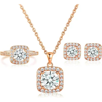 Halo Necklace, Earrings and Ring Set by Gemsme, Rose Gold