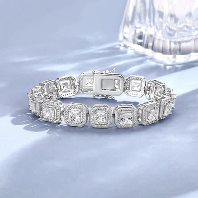 Tennis Bracelet in Six Settings by Gemsme, Square Halo White