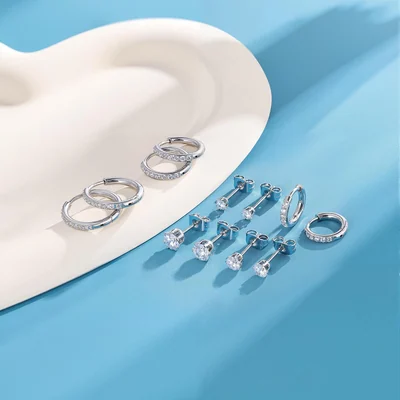 Huggie Hoop Set, Three Pairs by Gemsme, White (studs 3/4/5mm hoops 8/10/12mm)
