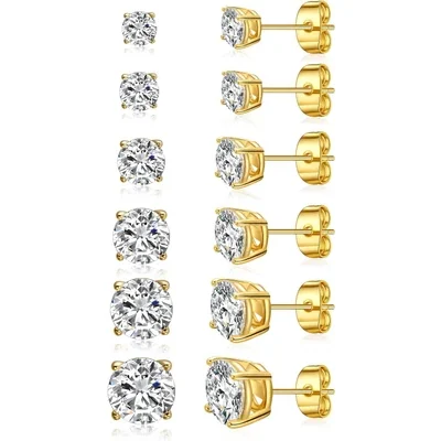 Stud Earring Set, Five and Six Pairs by Gemsme, Gold · Round 4 Prong