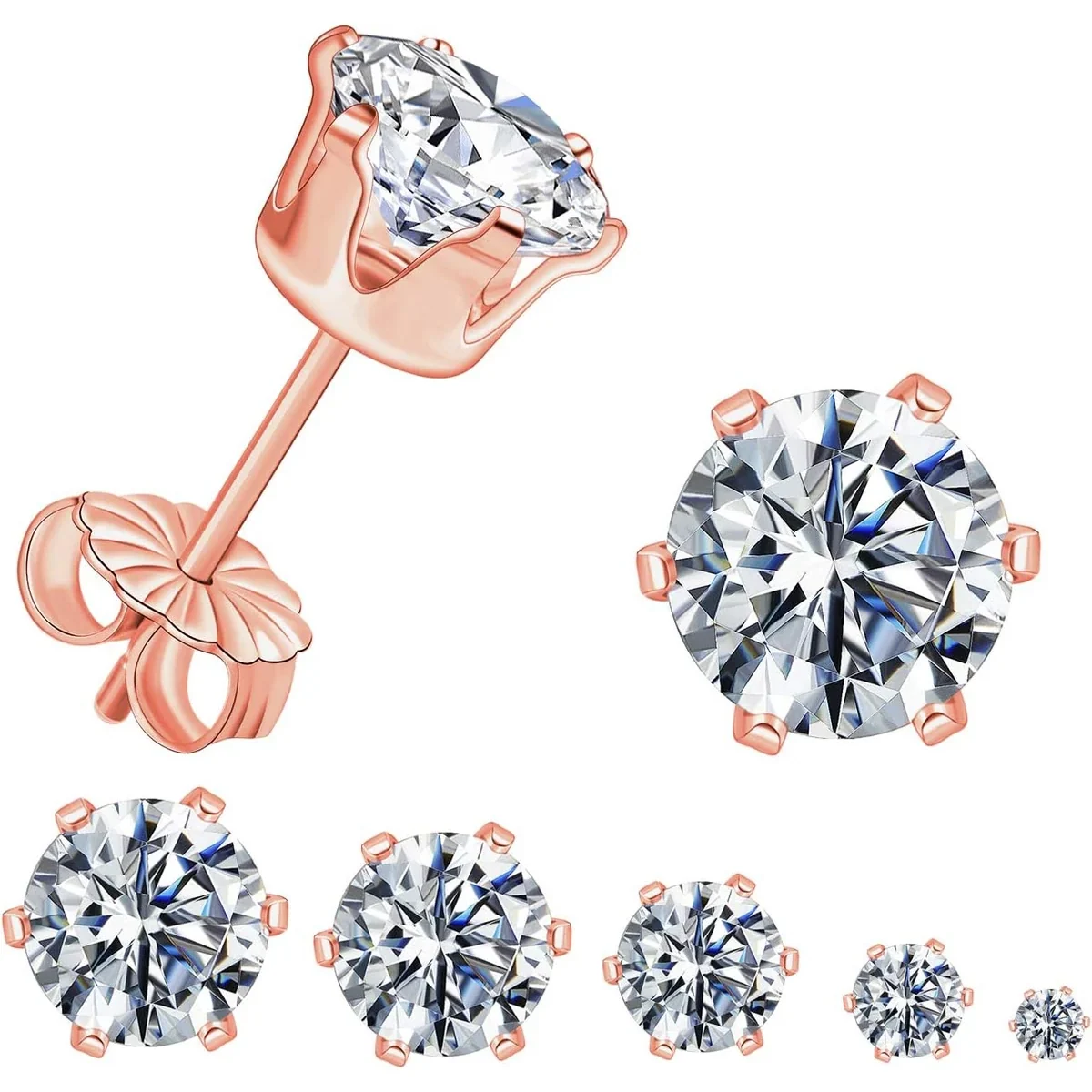 Stud Earring Set, Five and Six Pairs by Gemsme, 925 Sterling Silver · Rose Gold · Round 6 Prong