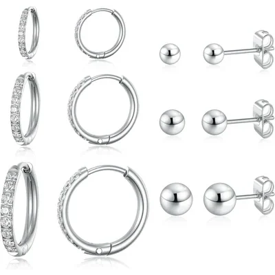 Huggie Hoop Set, Three Pairs by Gemsme, (hoops 8/10/12mm studs 3/4/5mm) · White