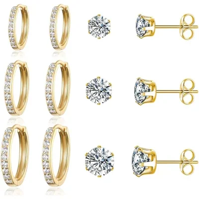 Huggie and Stud Set, Six Pairs by Gemsme, Gold (hoops 8/10/12 studs 3/4/5)