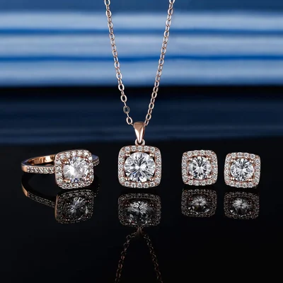 Halo Necklace, Earrings and Ring Set by Gemsme, Rose Gold