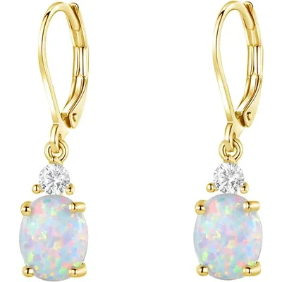 Oval Created Opal Drop Earrings by Gemsme, 7*9mm · Oval Created Opal Gold Plated