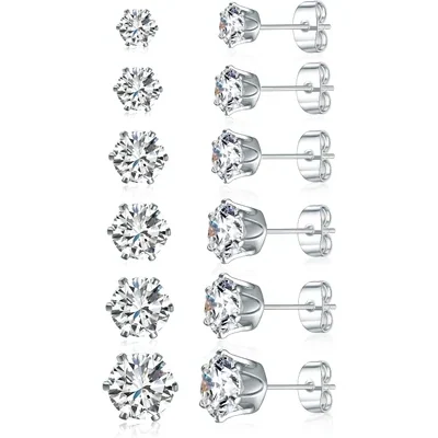 Stud Earring Set, Five and Six Pairs by Gemsme, White Gold · Round 6 Prong