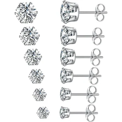 Stainless Steel Stud Set, Six Pairs by Gemsme, White