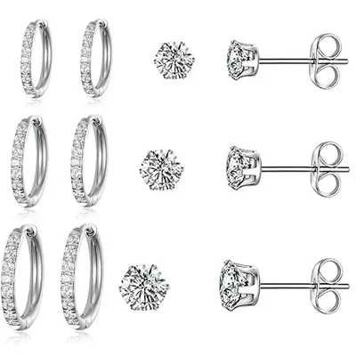 Huggie and Stud Set, Six Pairs by Gemsme, White (hoops 8/10/12 studs 3/4/5)