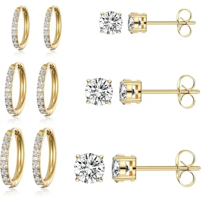 Huggie and Stud Set, Six Pairs by Gemsme, Gold (hoops 8/10/12mm studs 3/4/5mm)