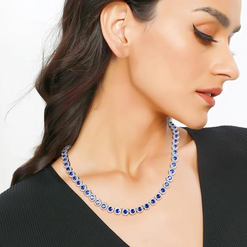 5mm Halo Tennis Necklace by Gemsme, White Gold · Blue